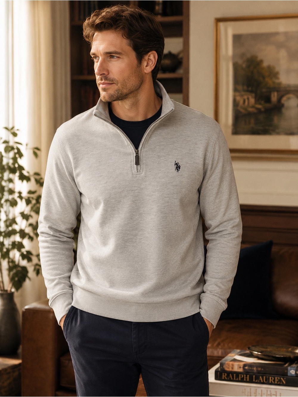 S. Polo Assn. Men’s XL Quarter Zip Pullover Sweatshirt Beige Cotton Blend Logo